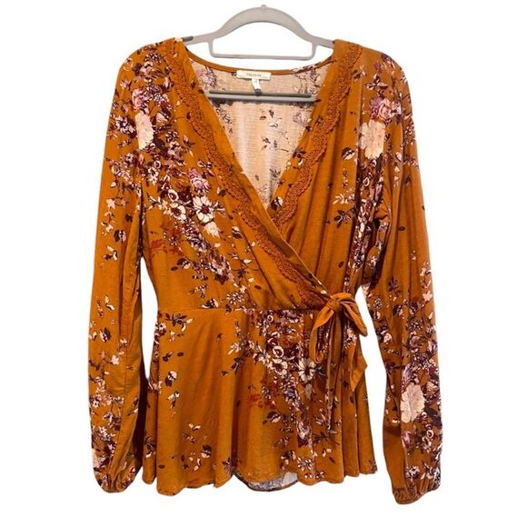 Maurices Long Sleeve Floral Crochet Wrap V-Neck Blouse Top Rust Orange Small - Picture 2 of 8